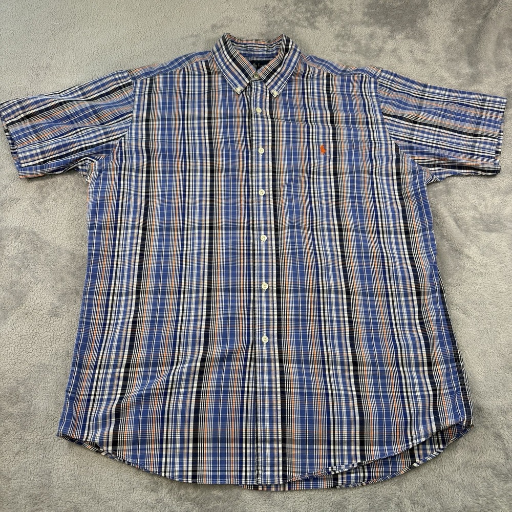 Ralph Lauren Custom Fit Plaid Button Down Short Sleeve Shirt Large Blue White - Picture 1 of 7